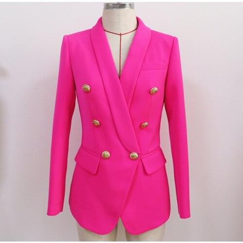 2020 Newest Fluorescent Pink Blazer Women Jacket Classic Metal Buckle Double Breasted Shawl Collar Office Ladies Women Blazer