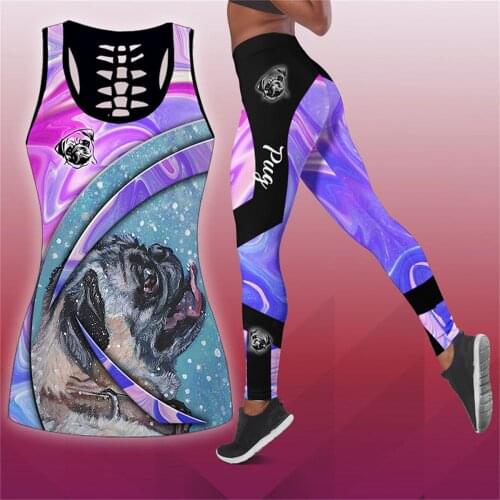 Fashion Animal Cool Pug Dog Colorful Women Hipster Hollow Tanktop and Leggings 3D Print Leisure Female Sexy Vest Clothes S-58