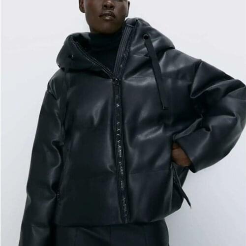 Womens Winter New Casual Simple Solid Color Hooded Zipper Leather Cotton Coat Fashion Stitching Cotton Parker Jacket Women 2021