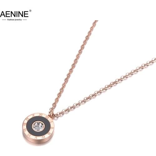 AENINE Classic Black Acrylic Circle Roman Numeral Pendant Necklaces For Women Titanium Steel CZ Wedding Necklace Jewelry AN19106
