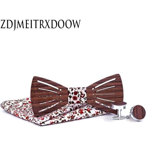 Cadeau Homme Fashion Women Neckwear Floral Mariage Wooden bow tie Set Man Wedding Wood Bowtie cufflinks Pocket Square Set