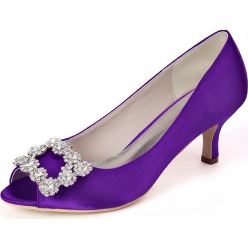 Elegant square crystal brooch lady satin evening dress shoes open toe bridal wedding party prom cocktail pumps 2 inch heels blue