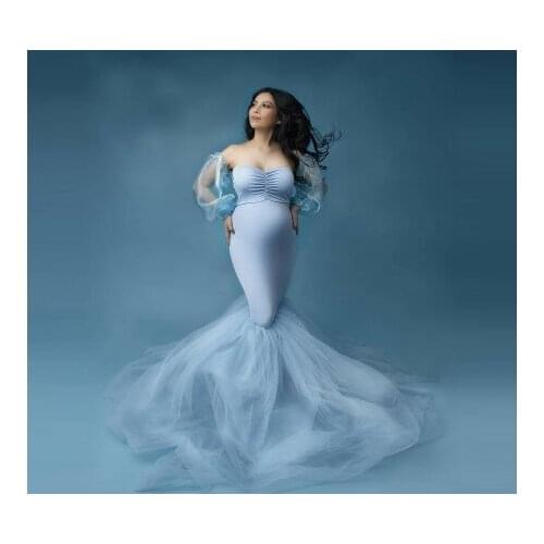 Elegant Light Sky Blue Mermaid Maternity Dresses For Birthday Party Tulle Ruffles Detachable Sleeves Stretchy Gowns