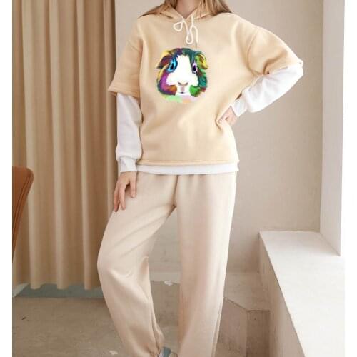 Fake 2 Pieces Hoodies Guinea Pig Sweatshirt Women Oversize Harajuku Color Block Vintage Graphic Hoodie Thermal Clothes for Teens