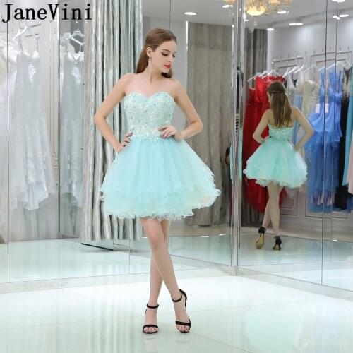 JaneVini 2019 Candy Color Junior Homecoming Dresses Short Mini Beaded Party Gown Lace Appliqued Tulle A Line Graduation Dress
