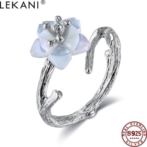 LEKANI 925 Sterling Silver Ring For Women White Cherry Blossoms Shell Pearl Flower Branch Rings Elegant Female Fine Jewelry