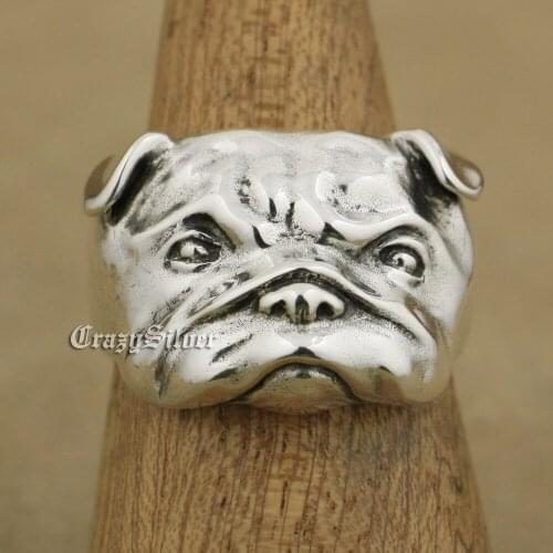 LINSION 925 Sterling Silver Cute Shar Pei Charms Dog Ring TA33 US Size 7~15