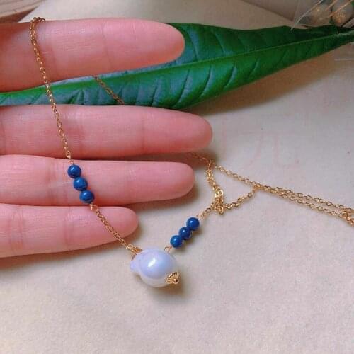 Fashion natural white shell pearl lapis lazuli beads gold necklace green Gem pink temperament Pendant Stone Point Fashion