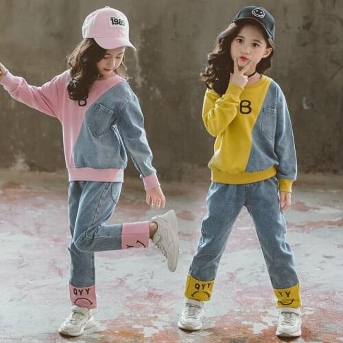 Spring Girl Denim Joint Casual Sport Clothing 2pcs Set 2020 Big Children Denim T-shirts +Jeans Clothes Sets