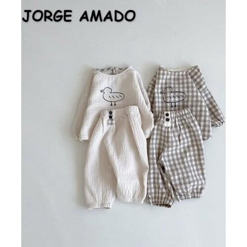 2021 New Korean Style Spring Baby Pajamas 2-pcs Sets Plaid Carton Duck Home Suits Sleep Wear Kids Clothes E1301