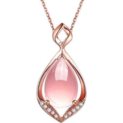 Ociki Rose Gold Color Ross Quartz CZ Pink Opal Pendant Waterdrop Necklace Chokers for Women Girls Gift Drop Shipping Jewelry