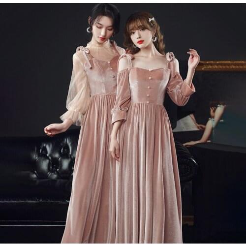 Bridesmaids Dresses Vintage Boat-Neck Spaghetti Straps Off The Shoulder A-Line Button Floor-Length Women Wedding Party Gown E401