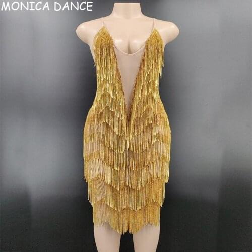 Sexy Stage Sparkly Gold Rhinestone Fringe Transparent Backless Short Dress Birthday Celebrate Outfit Women Dancer Show Dress