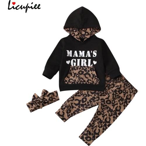 New Born Girls Warm Suit Long Sleeve Hooded Top with Pocket, Leopard Print Long Pants and Hairband 3-piece Suits 0-24 Months