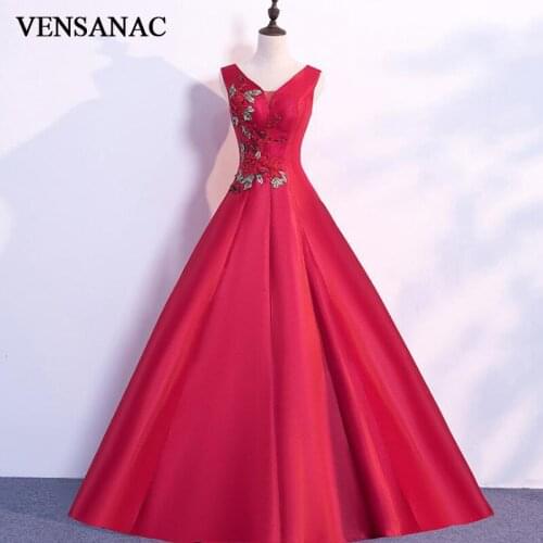 VENSANAC 2018 V Neck Crystal Flowers A Line Satin Long Evening Dresses Party Lace Appliques Backless Prom Gowns