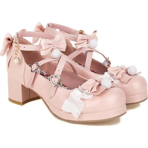 Buckle Women Party Pumps Chunky Heels Ankle Straps Bowtie Shallow Mouth Platform Cosplay Maid Sweet Lolita Shoes Mary Janes 2021