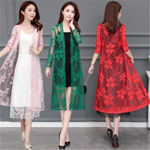 2019 New Spring Women Long Cardigan Casual Loose Thin Floral Lace Cardigans Jacket Female Long Sleeve Hollow Out Coat Plus Size