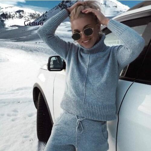 Womens Wool Knitted Suit Soft Warm Winter Knitting Tracksuit Pullover Sweater & Pant 2 Piece Suit
