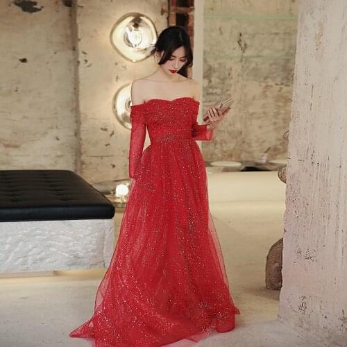 Burgundy Full Sleeves Evening Dress Sequins A-Line Empire Simple Boat Neck Floor-Length Fashion Woman Formal Party Gowns A1207