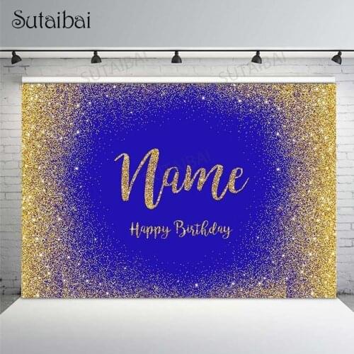 Gold Glitter Happy Birthday Party Custom Background for Photo Studio Blue Happy Birthday Decoration Supplies Name DIY Backdrops