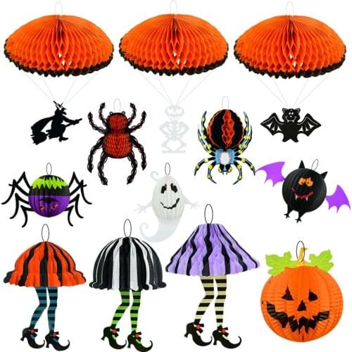 1pc Pumpkin Ghost Spider Bat Shape Honeycomb Paper Balls Halloween Party Decoration Lantern for Home Room Wall Hanging Decor