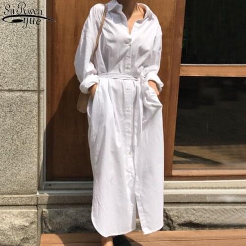 2021 New Autumn Fashion Tide White Turn-down Collar Long Sleeve Single Breasted Pockets Sashes Woman Dress 12806