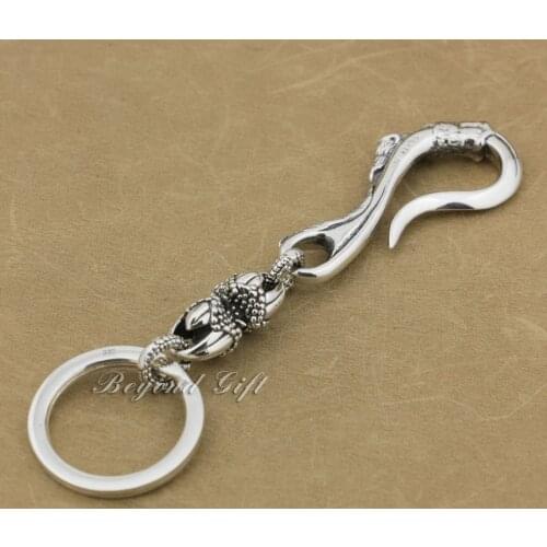 925 Sterling Silver Dragon Claw Hook KeyRing Mens Biker Punk Keychain Belt Clip 8J017