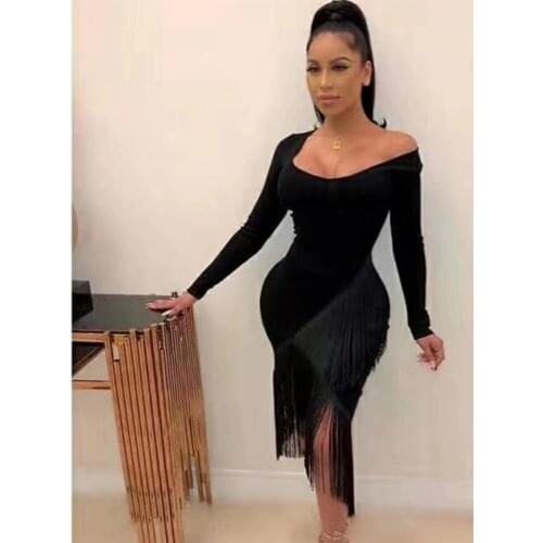 Black Women Sexy Girl dresses Bandage Rayon tassel Celebrity stage Elegant Evening Party Show Dress