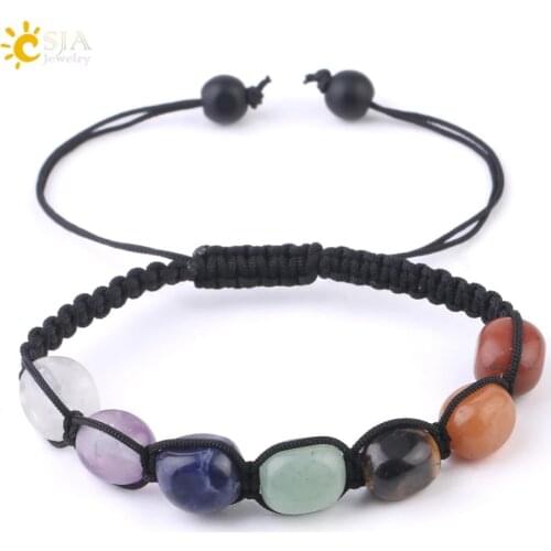 CSJA 7 Chakras Bracelets Reiki Natural Stone Braided Women Bracelet Healing Irregular Bead Handmade String Rope Adjustable G022