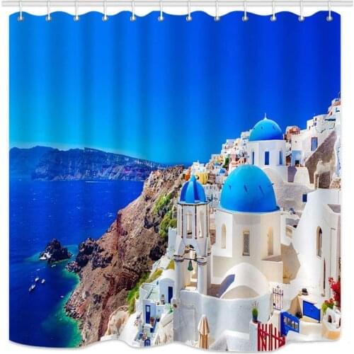 Bathroom Decorative, Greek Scenery Santorini White Stone Palace European City Seaside Landscape, Waterproof Polyester Fabric Sho