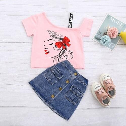 Baby Girl Clothes 0-5 Years Old Summer Short Sleeve Short Skirt Set Girl Printed T-shirt + Denim Skirt Fashion Two-piece Set