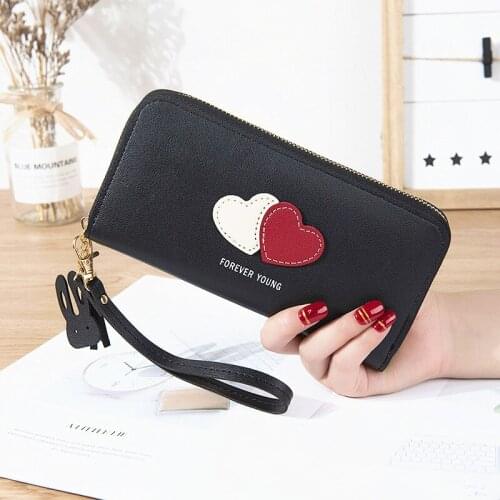 Long Women Wallets Color Contrast Heart Zipper Coin Purses Female Tassel Pu Leather Wristband Card Holder Clutch Money Clip