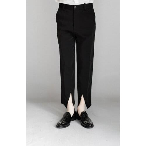 Homemade mens spring fashion casual trousers with holes in the edge of hair design original nine-minute trousers