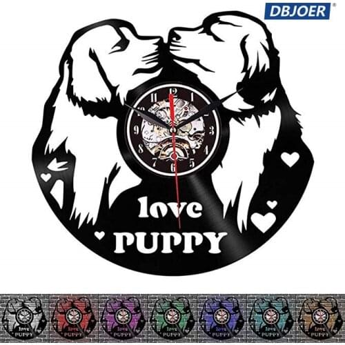 Two Puppies Vinyl Wall Clock Wall Light 7 LED Light Colors|Vinyl Animal Pattern Record Wall Clock|with Remote Contro Clock