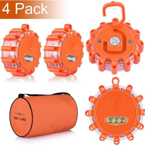 LED Road Safety Flare Roadside Flashing Warning Safety Flare Kit with Magnetic Base for Vehicles & Boat 4 Beacon Disc Pack