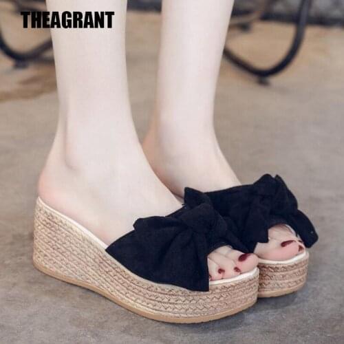 THEAGRANT 2019 Summer Flock Bow Platform Wedges Slides Sandals Slippers Women Flip Flops Outside High Heel Shoes Woman WSL72