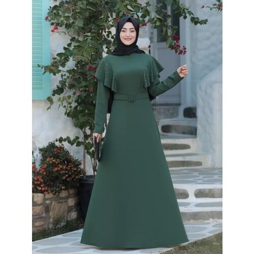 Muslim Dress Women Islamic Long Hijab Clothing Belted Pearly Cape Detailed Made in Turkey High Quality Ramadan Arabia Dubai