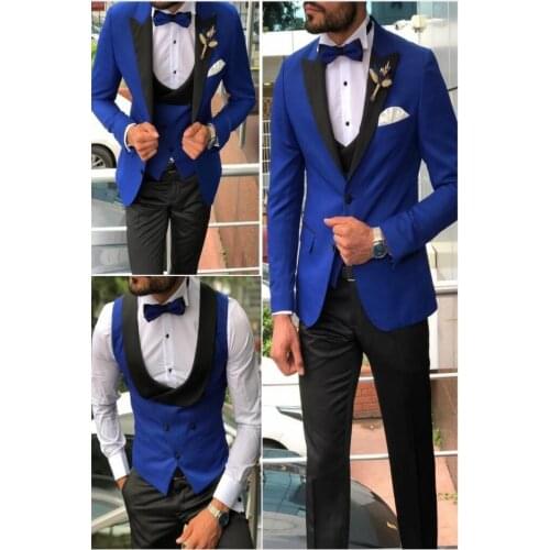 Custom Made Groomsmen Royal Blue and Black Groom Tuxedos Peak Lapel Men Suits 3 Pieces ( Jacket + Pants + Vest + Bow Tie ) D304