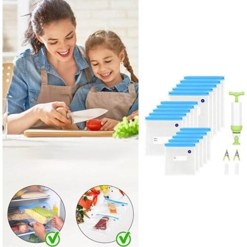 20pcs Vacuum Bags Kits Reusable Food Storage Seal Bag Sealing Clips Food Wrap with Hand Pump for Food Fruit Storage Freezing