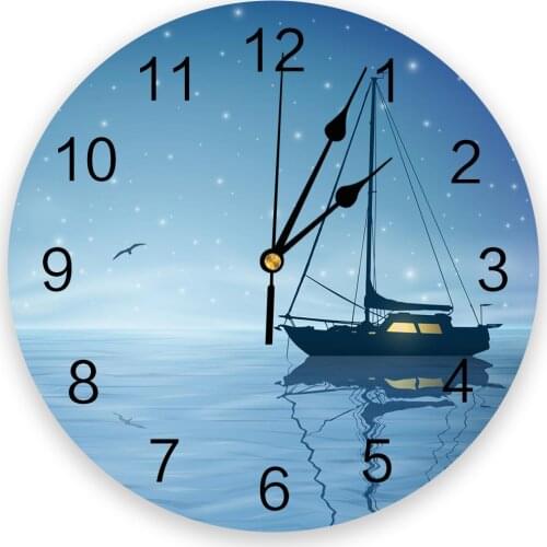 Night Sky Stars Birds Sea Sailing Print Wall Clock Modern Wall Art Silent Wall Watch Living Room Home Decor Christmas Gift
