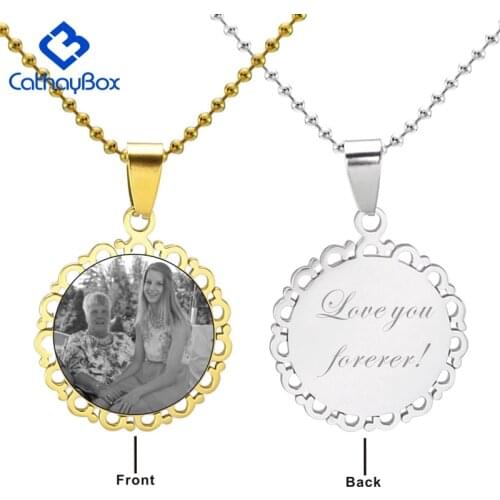 Personalized Photo Text Engrave Stainless Steel Floral Frame Round Charm Pendant Necklace Silver Color Gold Tone Jewelry