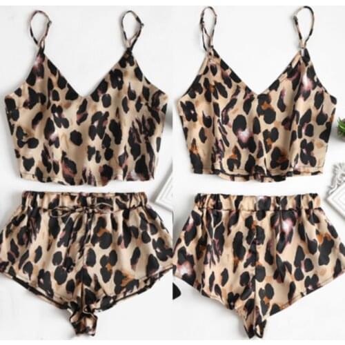2 Pieces Sleep Lounge Pajama Set Sleepwear Fashion Summer Sexy Strap Shorts With Leopard Print For Women Sleeveless Nightwear