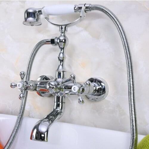 Polished Chrome Brass Double Cross Handles Wall Mounted Bathroom Clawfoot Bathtub Tub Faucet Mixer Tap w/Hand Shower ana187