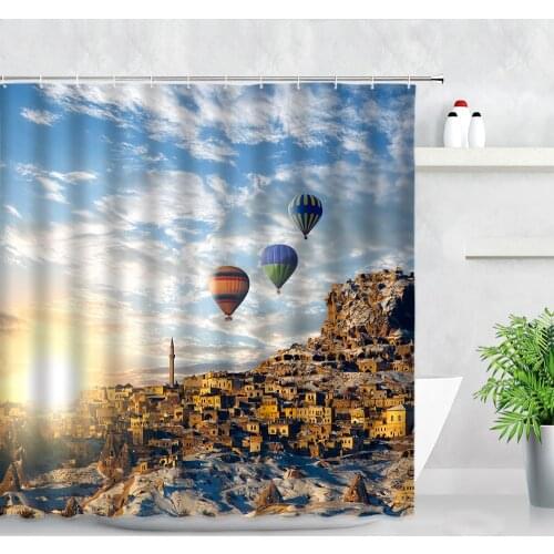 Sunset Colorful Hot Air Balloon Retro Building Landscape Pattern Home Bathroom Curtains Fabric Shower Curtain Hook Screens Decor