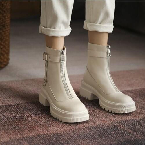 Meotina Genuine Leather Ankle Boots Women Shoes Platform Thick Heel Round Toe Boots High Heel Zipper Ladies Boots Autumn White