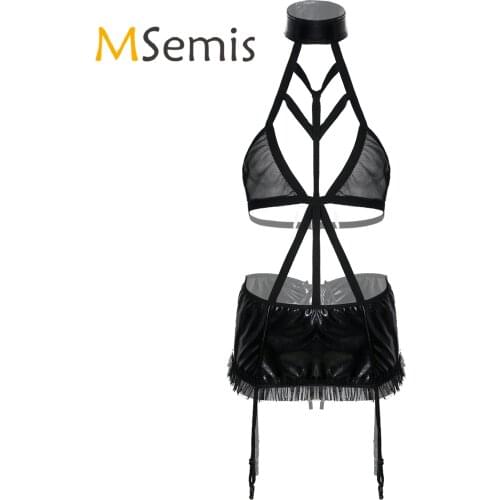 Patent Leather Lingerie Set Women See-through Mesh Sexy Costume Halter Hollow Out Bra Lace-up Skirt with Garters G-string Briefs