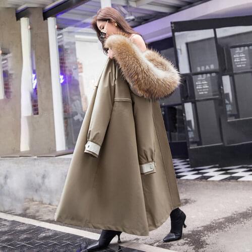 2021 Fashion New Winter Jacket Womens Leather Coat Large Natural Raccoon Fur Collar Long Parka Coat With Detachable Liner