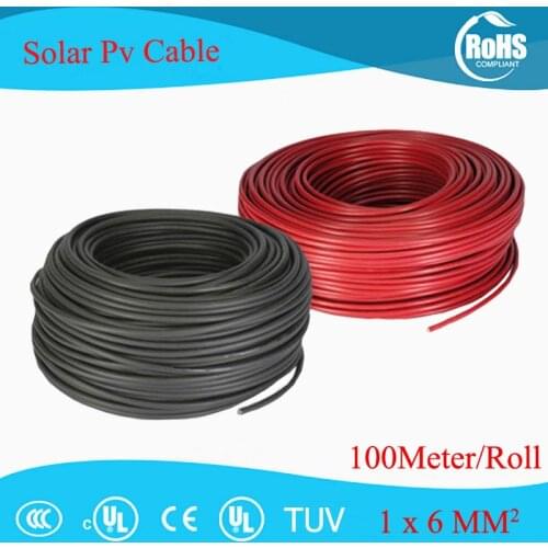 100 Meters/Roll 6mm2 (10AWG) Solar Cable Red or Black Pv Cable Wire Copper Conductor XLPE Jacket TUV Certifiction
