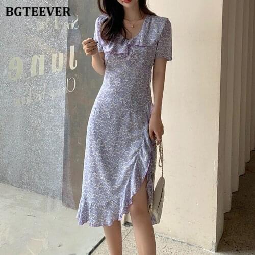BGTEEVER Chic Ruffles V-neck Women Floral Print Dress Short Sleeve Side Split Ladies Midi Dress 2021 Summer Casual Vestidos