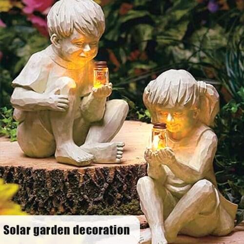 A Kid With Solar Fireflies Garden Statue Resin Jar Boy Girl Statue Whimsical Flowerbed Yard Outdoor Sculpture Decor Jardin